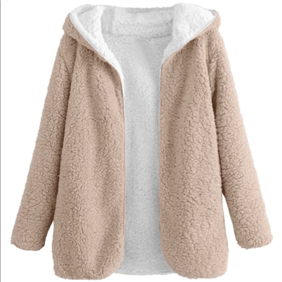 Hooded Open Front Lamb Wool Teddy Coat - Picture 2 of 3